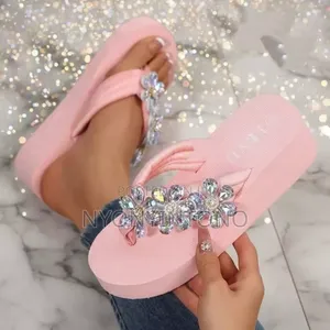 Crystal Flower Rhinestone Flip Flop Platform Slippers.