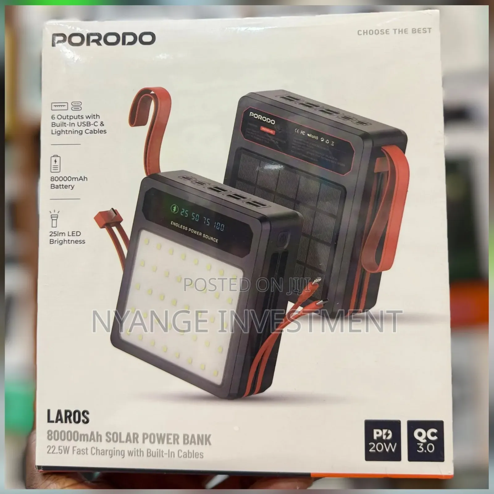 Porodo Laros Solar Power Bank With 22.5W Fast Charging,Built-in Cables