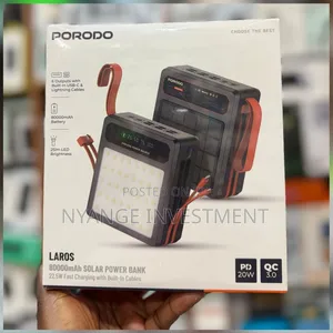 Porodo Laros Solar Power Bank With 22.5W Fast Charging,Built-in Cables