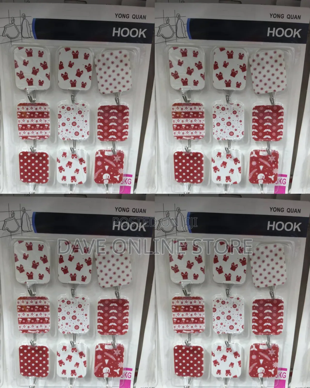 Pack of Nine Festive Red-and-White Patterned Self-Adhesive Wall Hooks