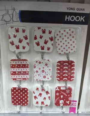 Pack of Nine Festive Red-and-White Patterned Self-Adhesive Wall Hooks
