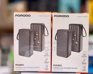 Porodo Piano 30000mAh Power Bank With Integrated Cables in Black.