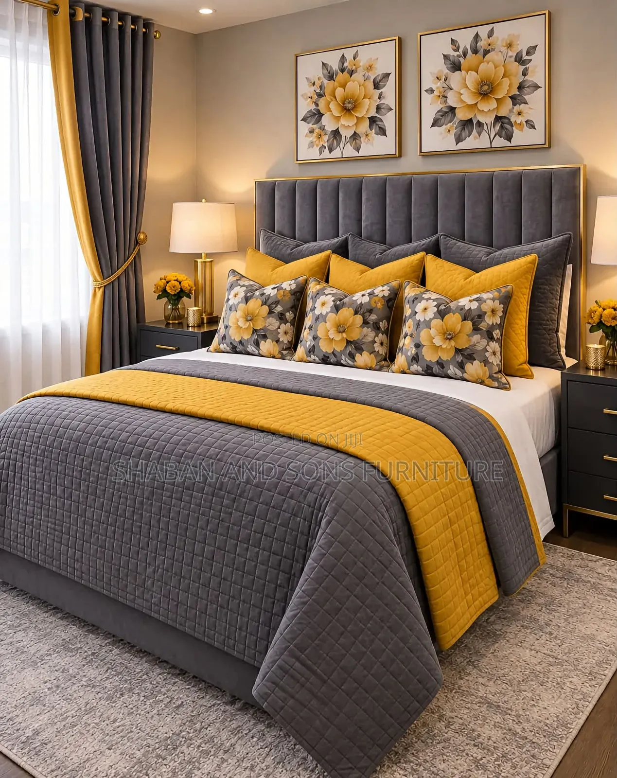 It's 5by6 Bed in Gray Colour Mix With Glod Strip Has Two Side Drawer