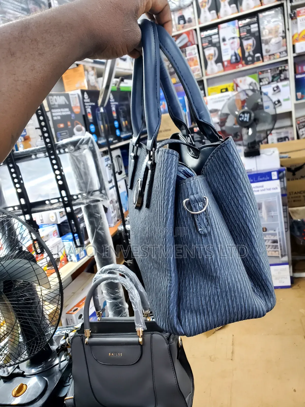 Blue Textured Faux-Leather Handbag
