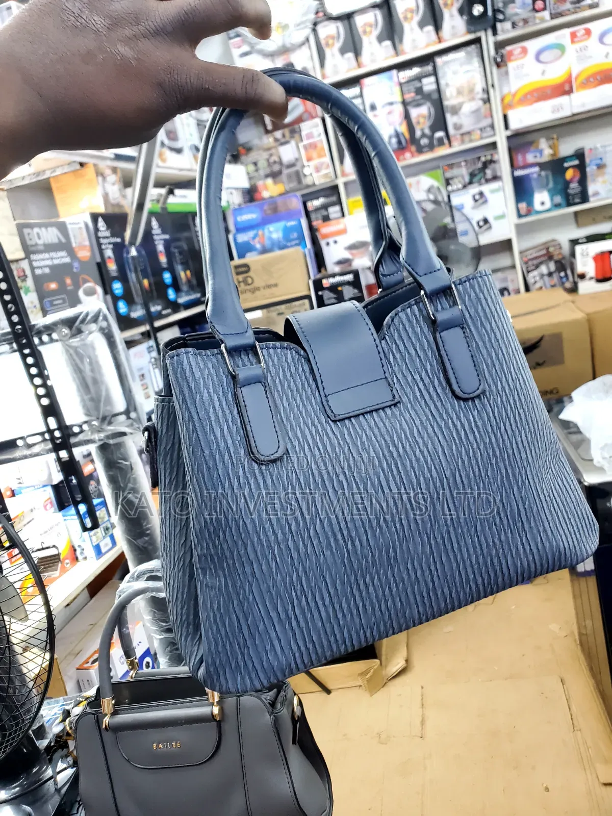 Blue Textured Faux-Leather Handbag