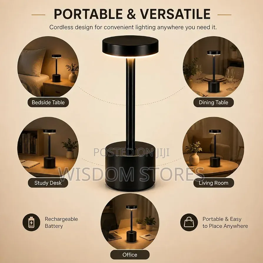 Cylindrical Cordless Rechargeable LED Table Lamp With USB Charging