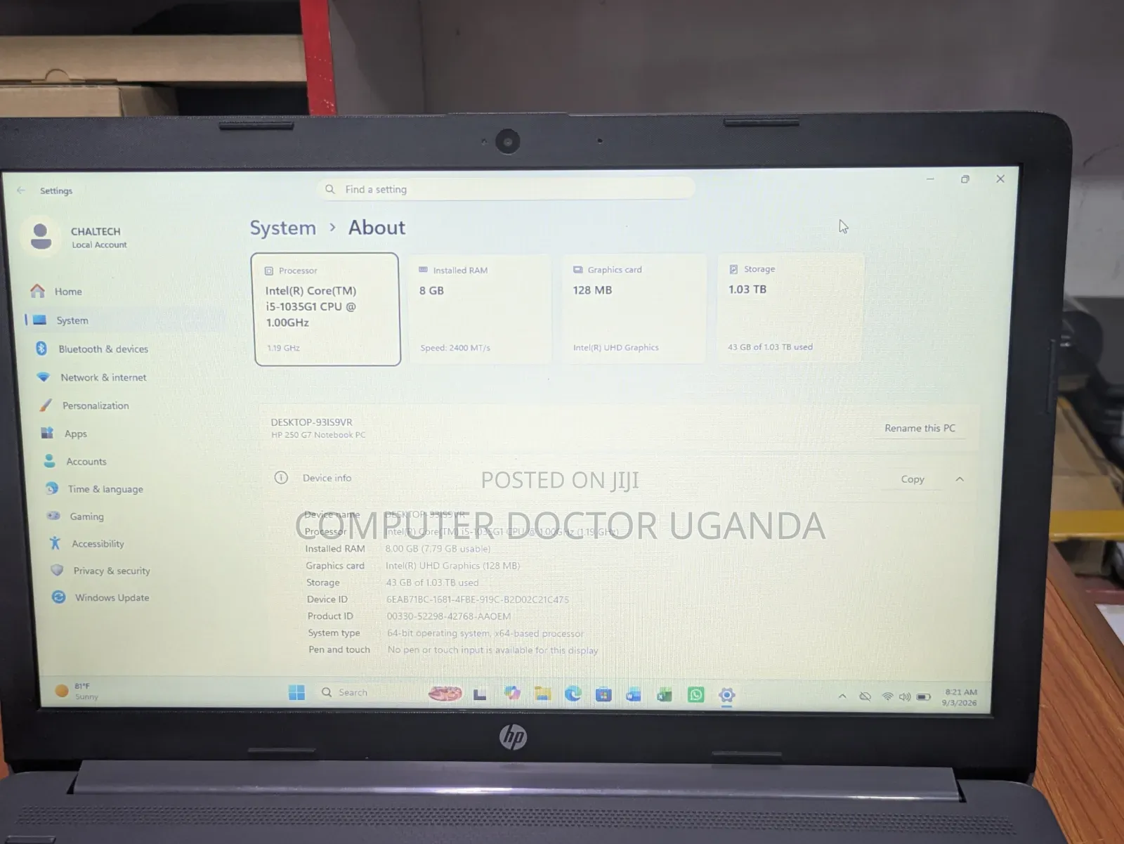 Laptop HP 250 G7 8GB Intel Core i5 HDD+SSD 1T
