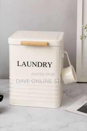 Farmhouse-Style Metal Laundry Detergent Storage Bins.
