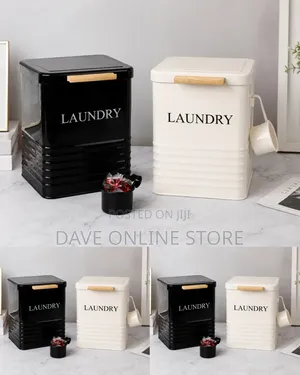 Farmhouse-Style Metal Laundry Detergent Storage Bins.