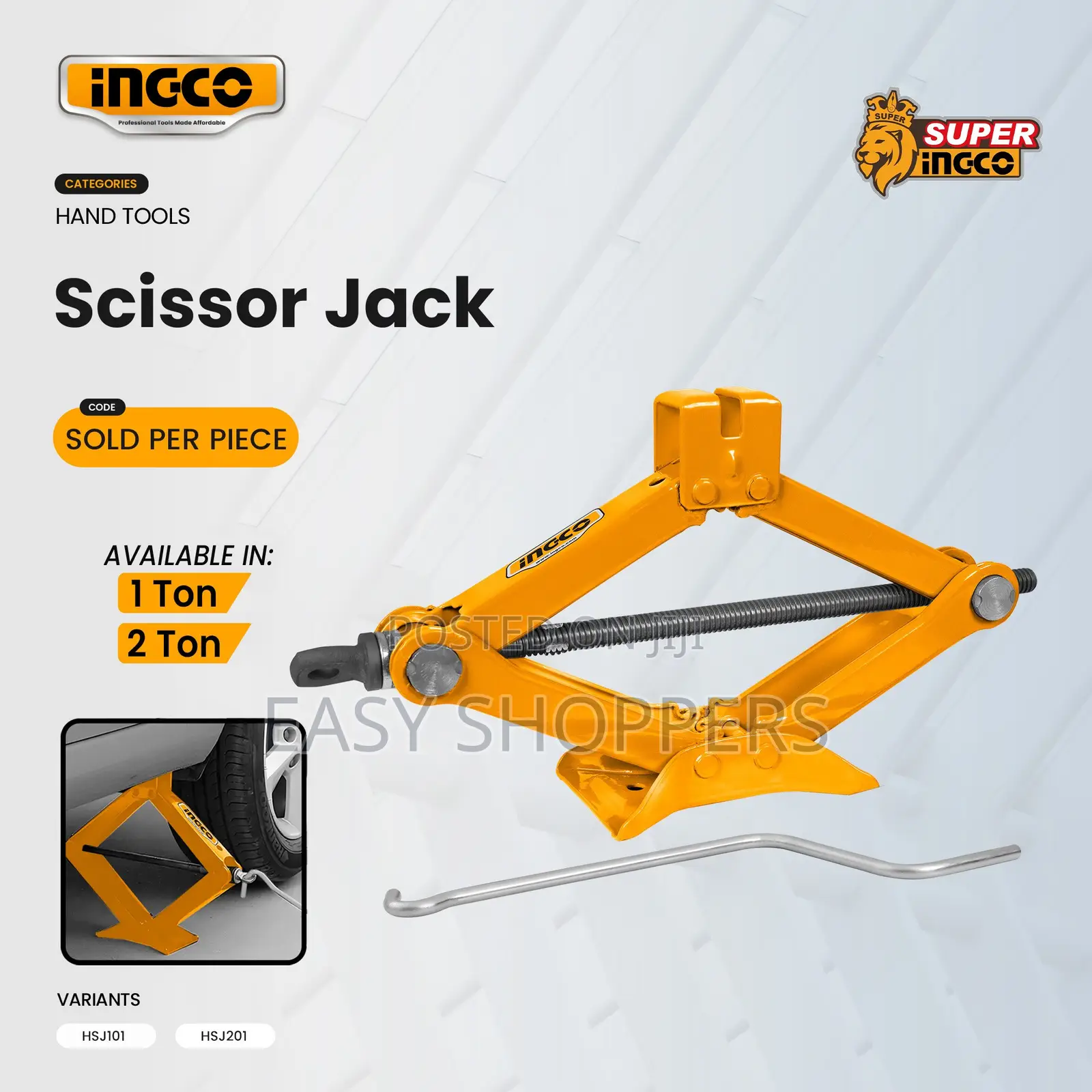 INGCO 1-Ton Scissor Jack Car Jack Heavy Duty Lifter