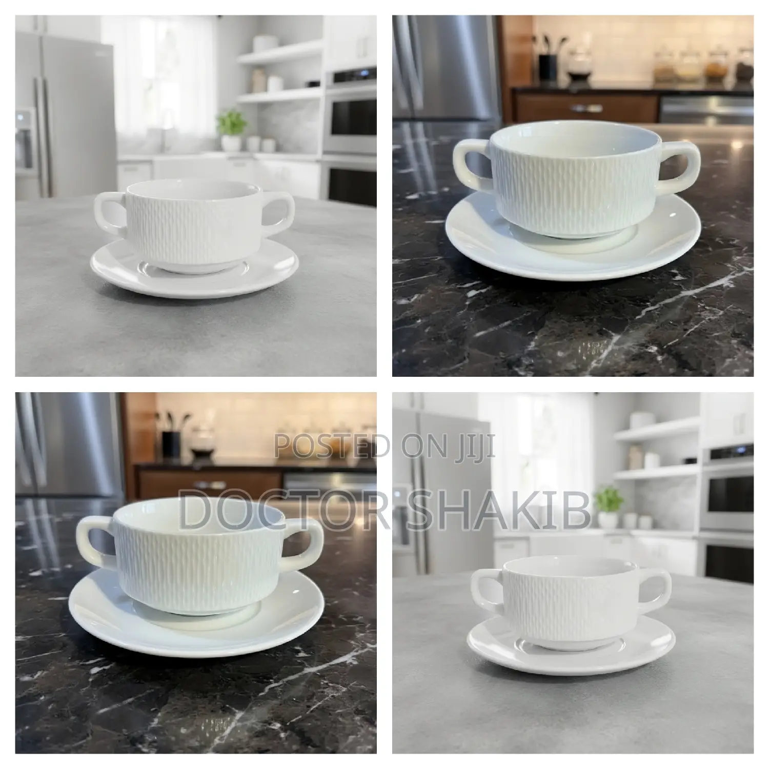 6pcs Ceramic Double-Handled Soup Cup With Matching Saucer