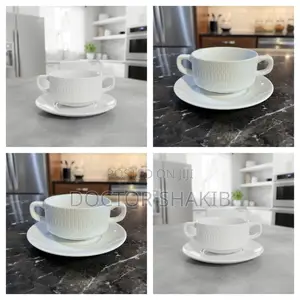 6pcs Ceramic Double-Handled Soup Cup With Matching Saucer