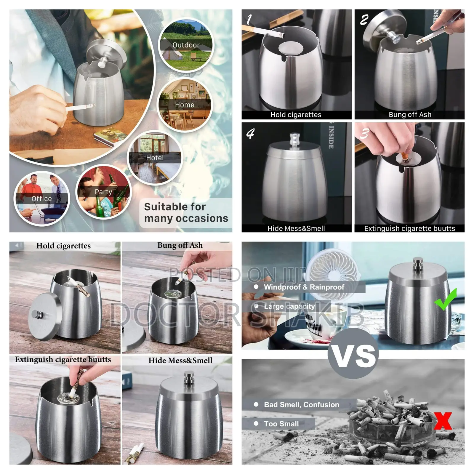 Stainless Steel Windproof Ashtray for Cigarettes