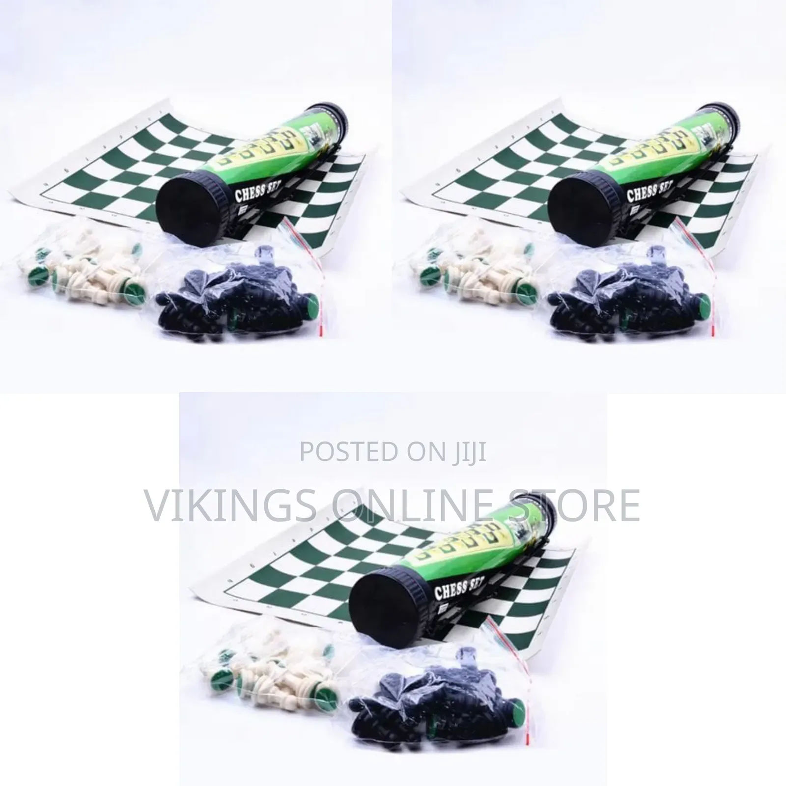 Portable Roll-Up Tournament Chess Set With a Green and White Vinyl Mat