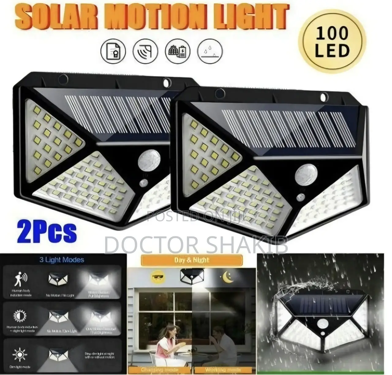 2pcs 100 LEDs Solar Outdoor Lights With Motion Sensor