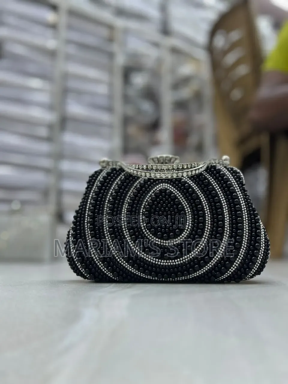 Black Pearl and Rhinestone-Encrusted Evening Clutch With A