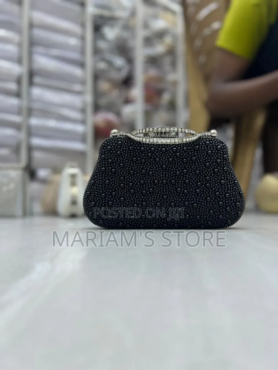 Black Pearl and Rhinestone-Encrusted Evening Clutch With A