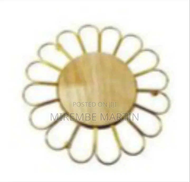 Set of Two Floral Design Coasters With Wood and Gold-Tone Metal