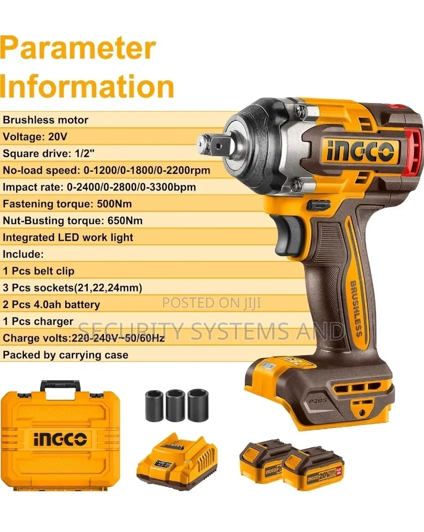 INGCO 20V Brushless Cordless Impact Wrench Square Drive 1/2Inch