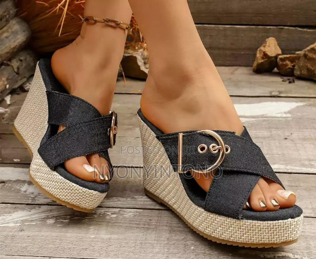 Denim Mule Cross Belt Wedge Slipper