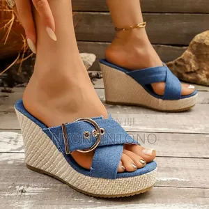 Denim Mule Cross Belt Wedge Slipper