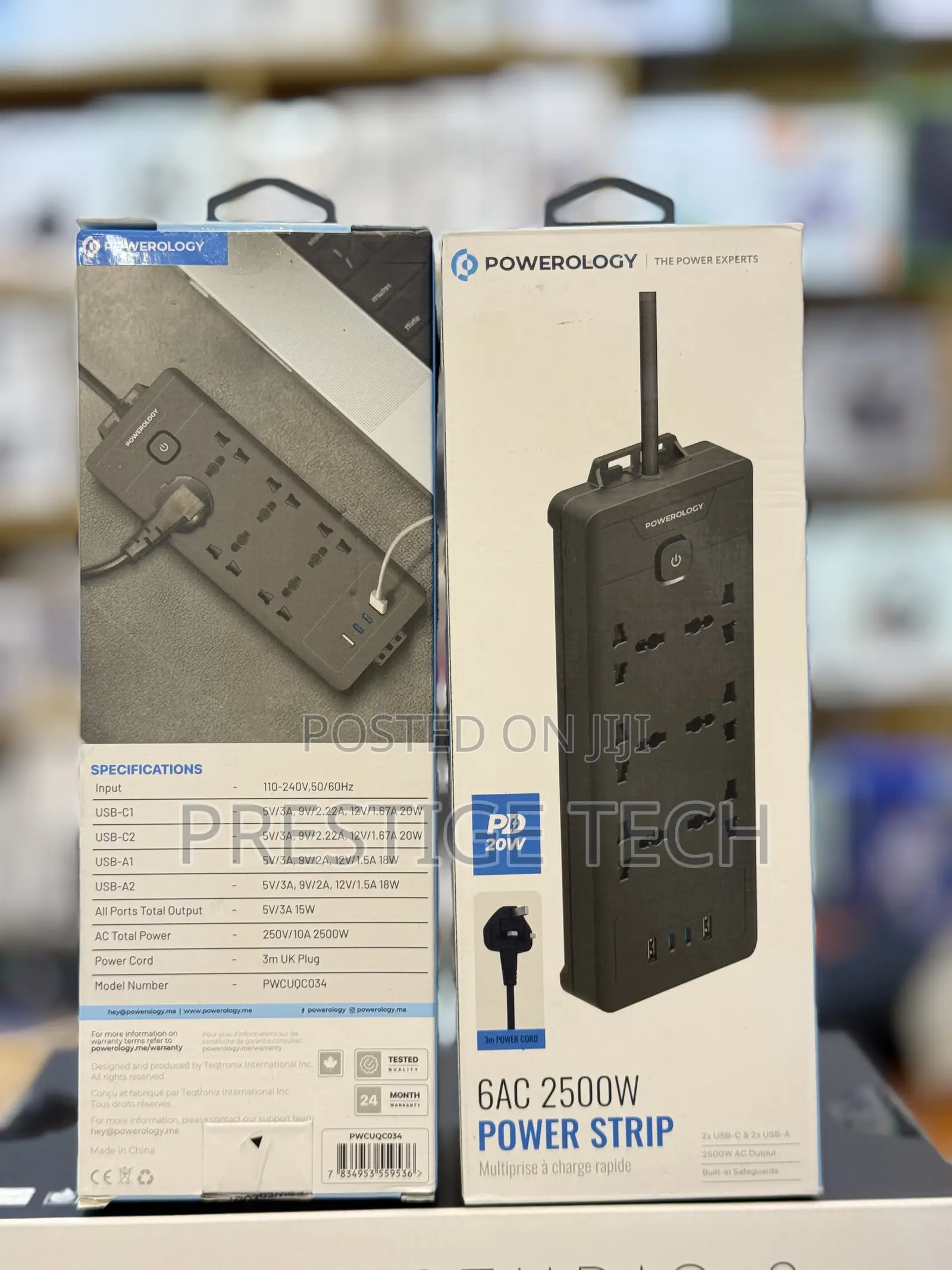 Powerology Power Strip Power Extension 6AC 2500W 2usb-A, USB-C Ports