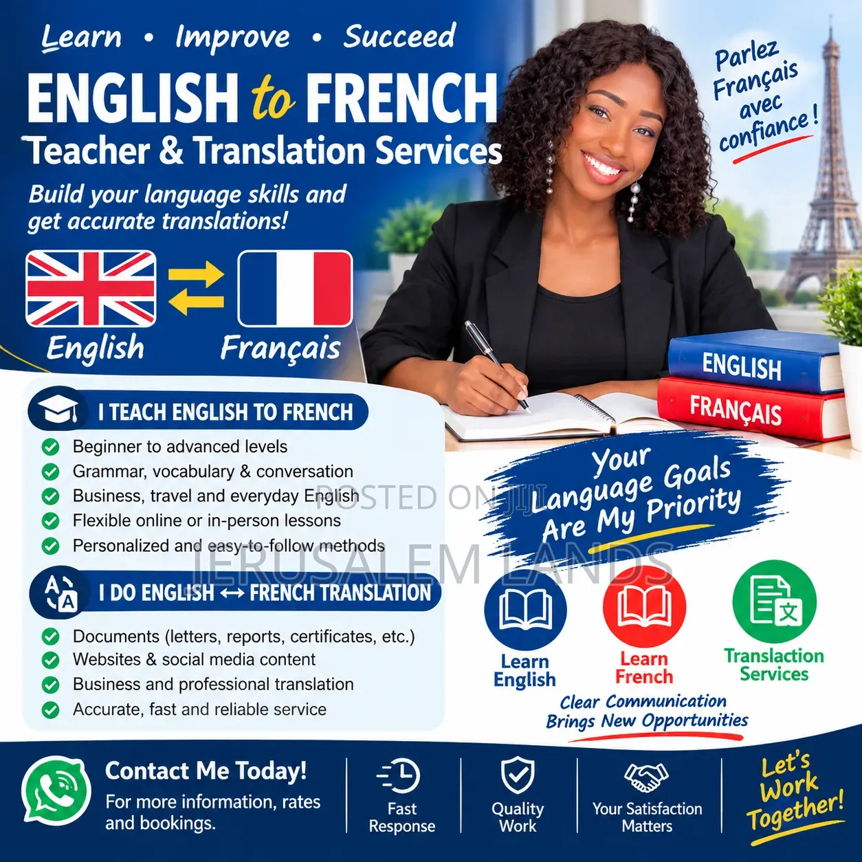 French to English Teacher or Translator Young Lady Professional Leavel