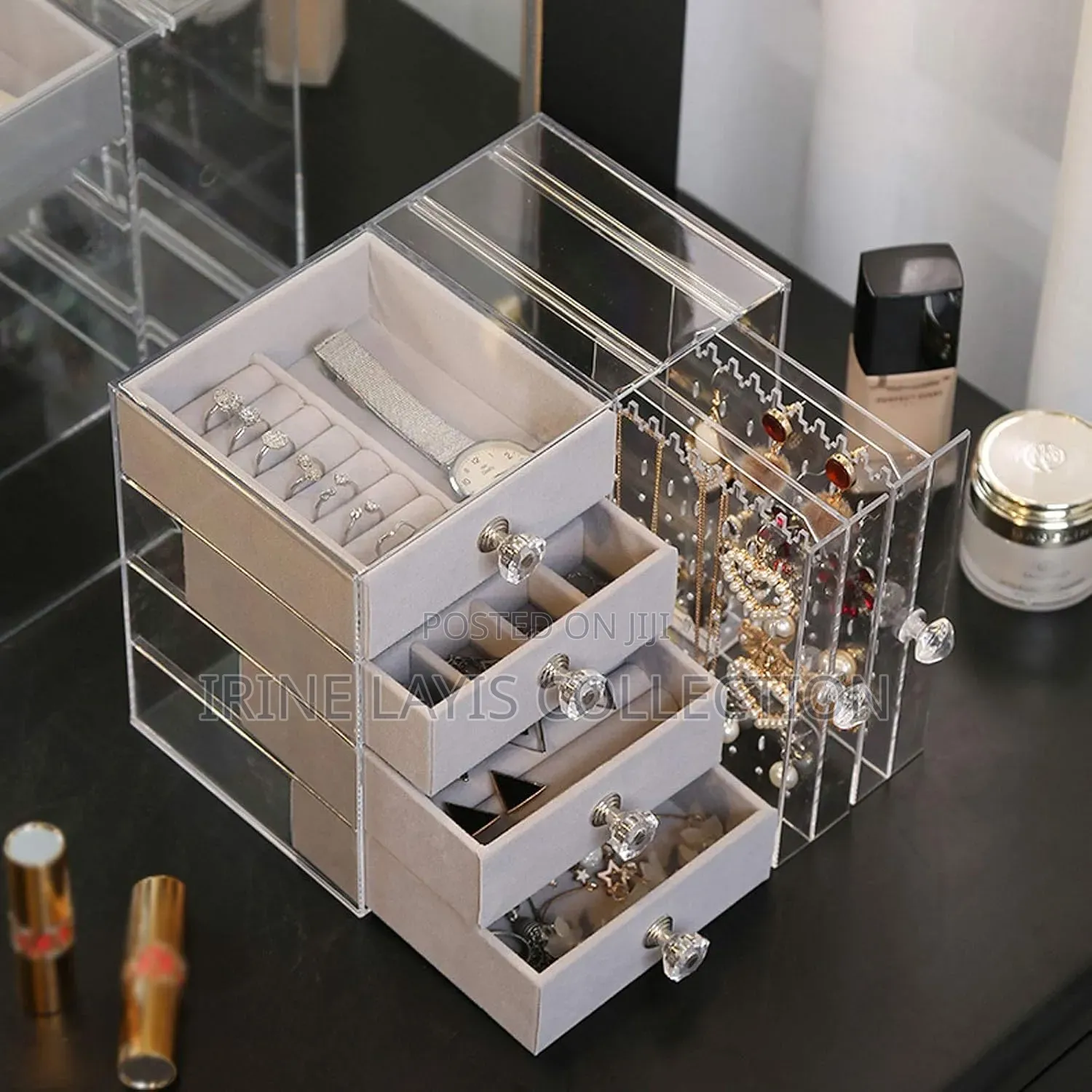 Lady's 4 Drawer Clear Acrylic Jewelry Box With Hanging Earring Holder