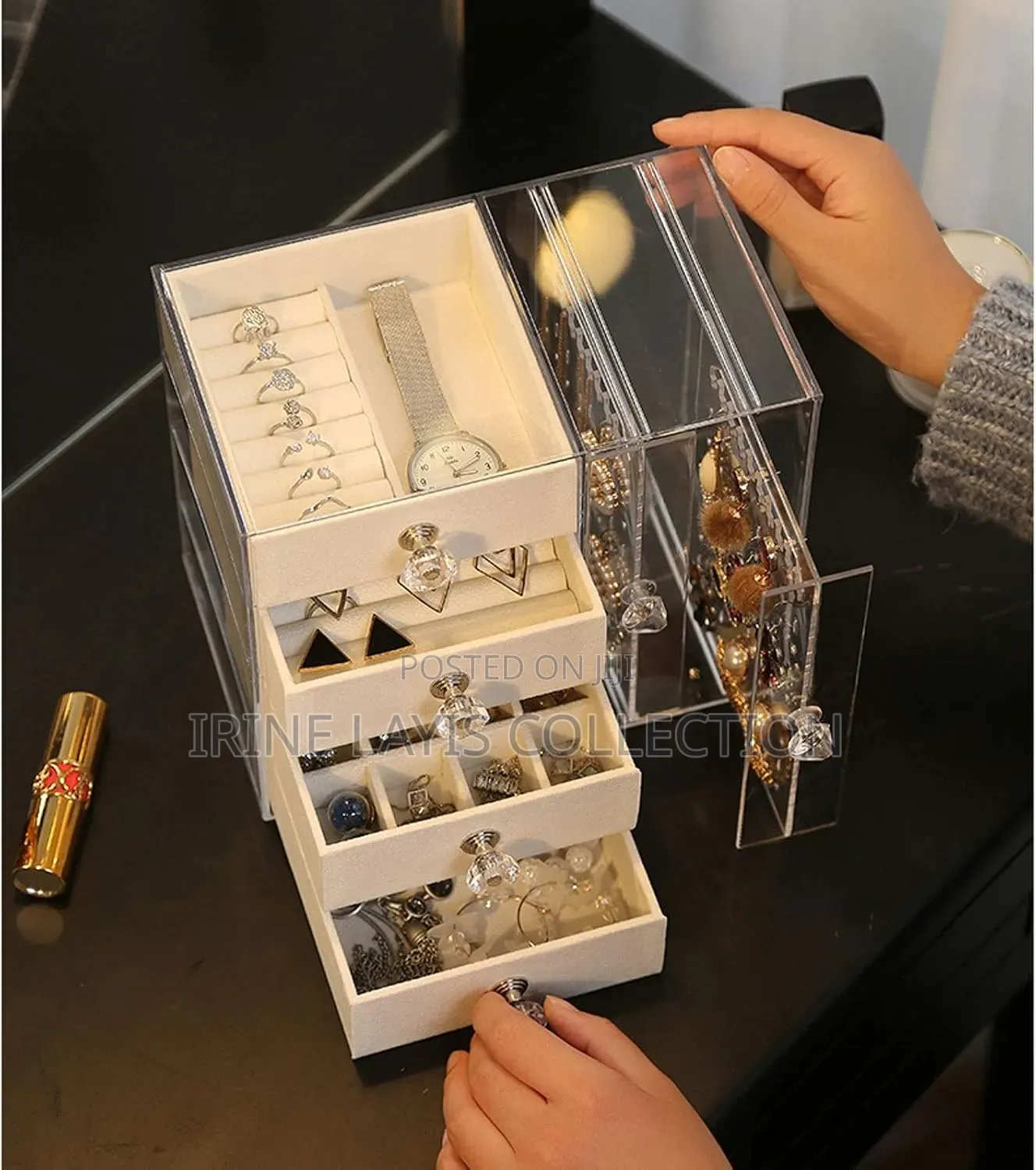 Lady's 4 Drawer Clear Acrylic Jewelry Box With Hanging Earring Holder
