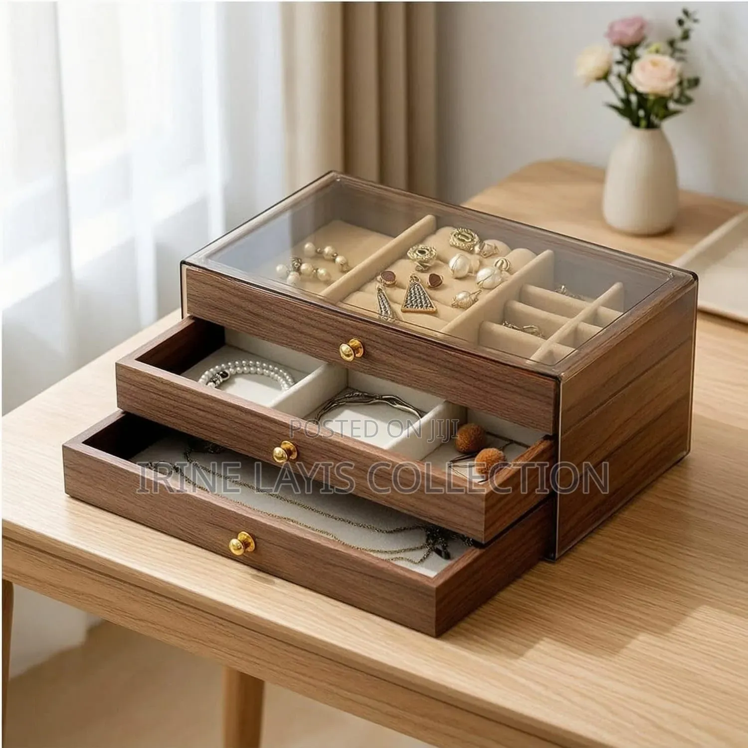3 Layer Multi-Layer Wooden Jewelry Box With Transparent Window Large 1