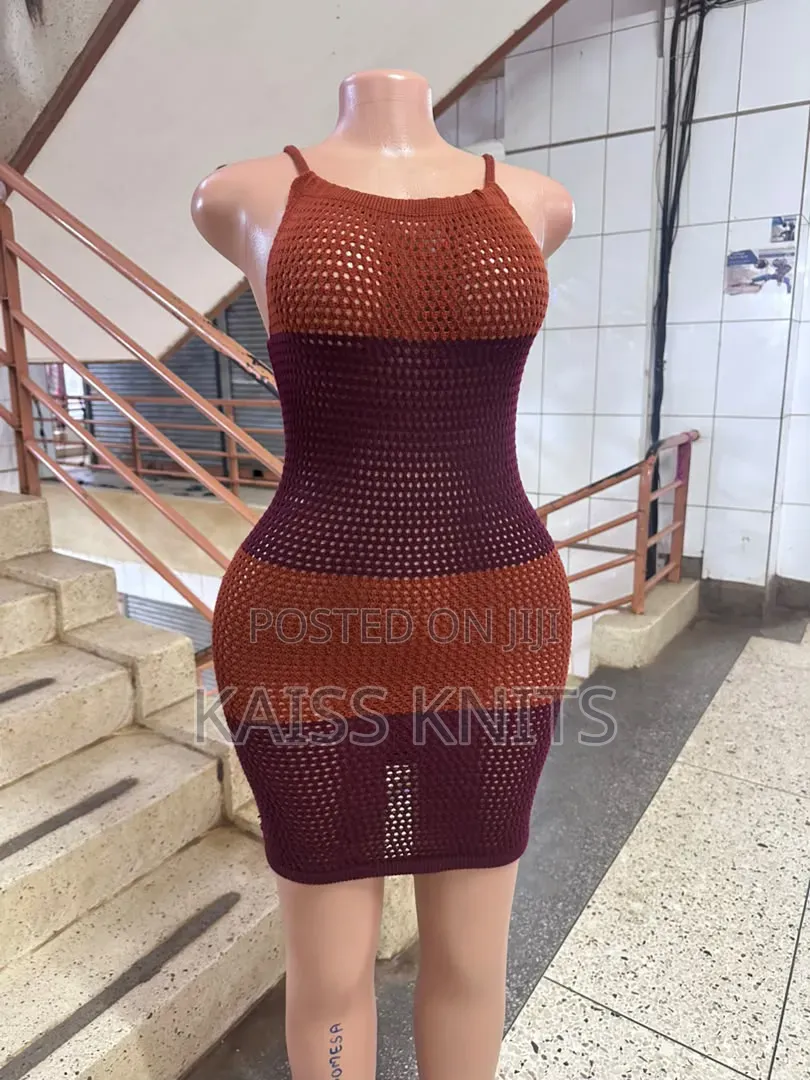 Brown Maroon Lace Knitted Dress