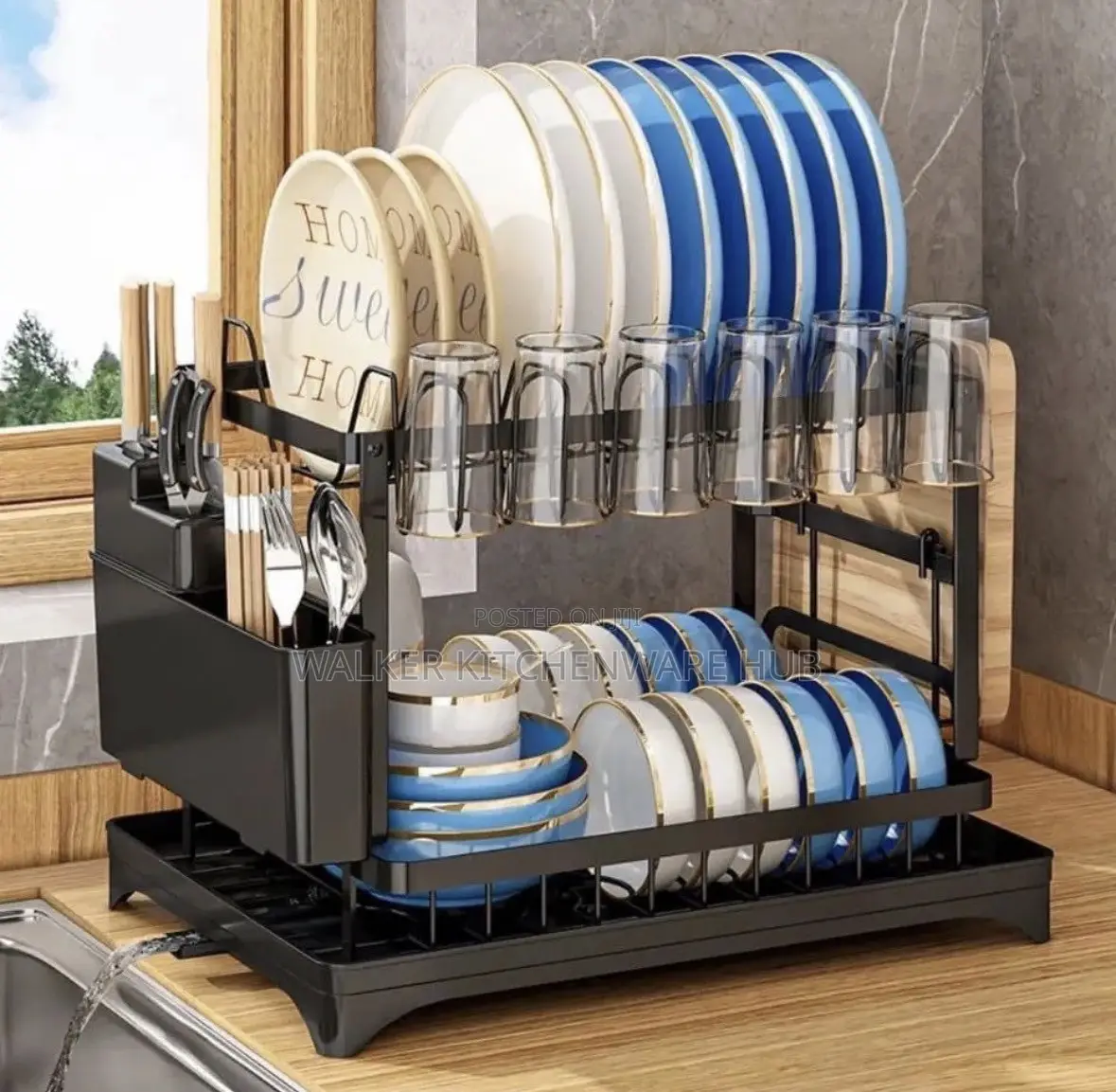 2-Tier Dish Rack Glass Holder -Black