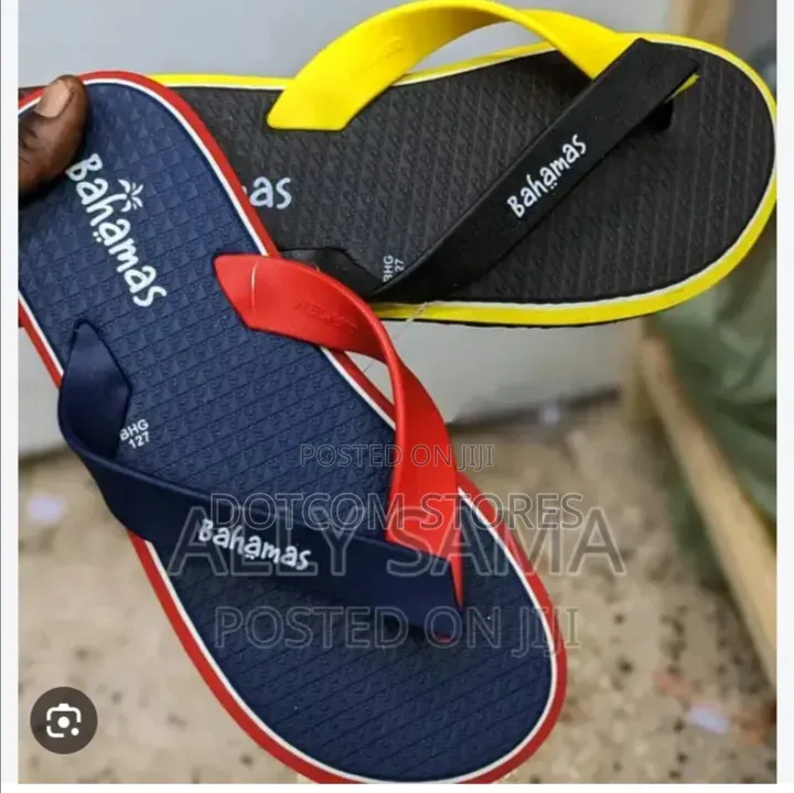 Pair of Black and Yellow Bahamas Flip-Flops.