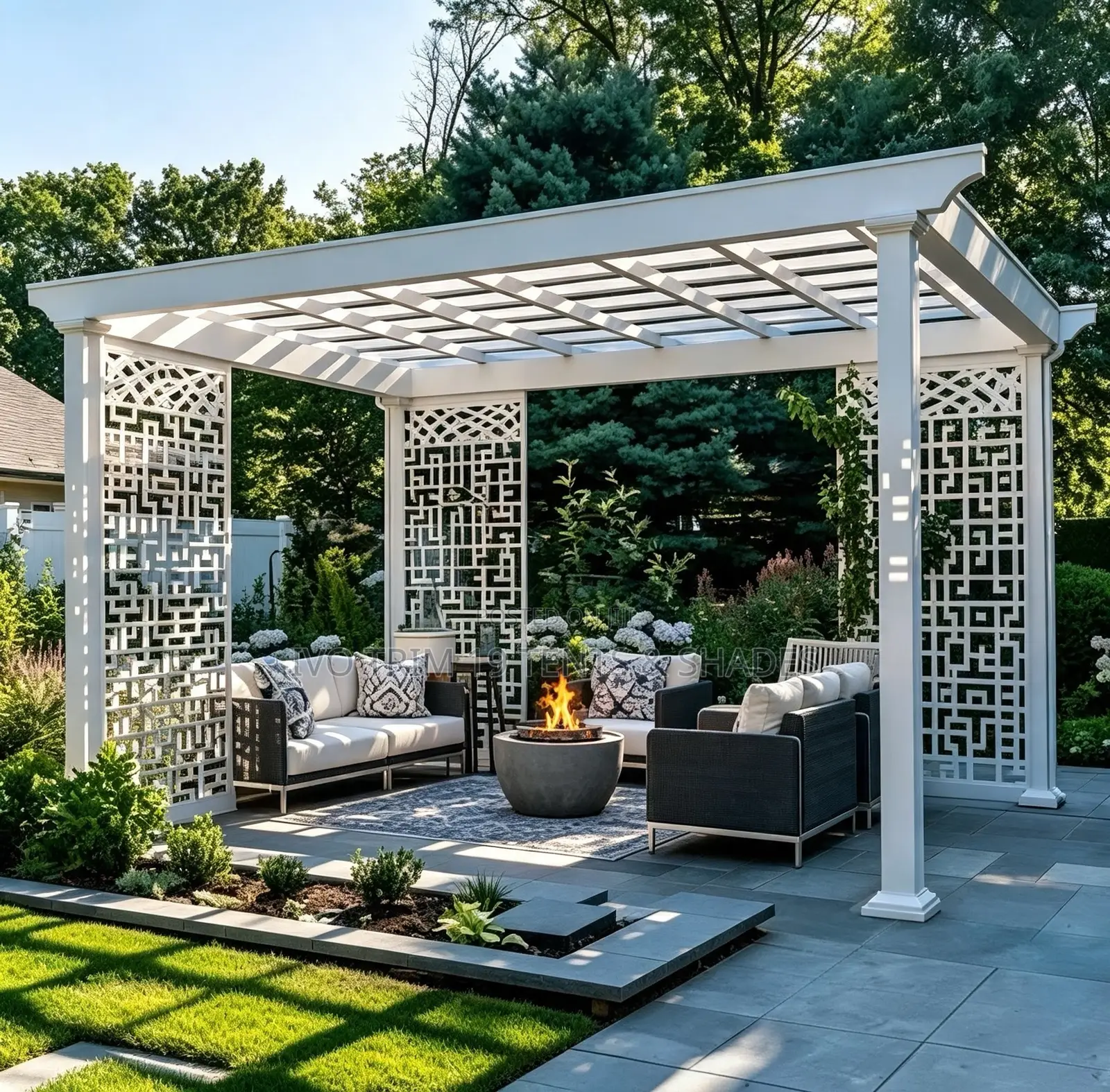 Fiberglass Pergola With Laser-Cut Privacy Screen Panels