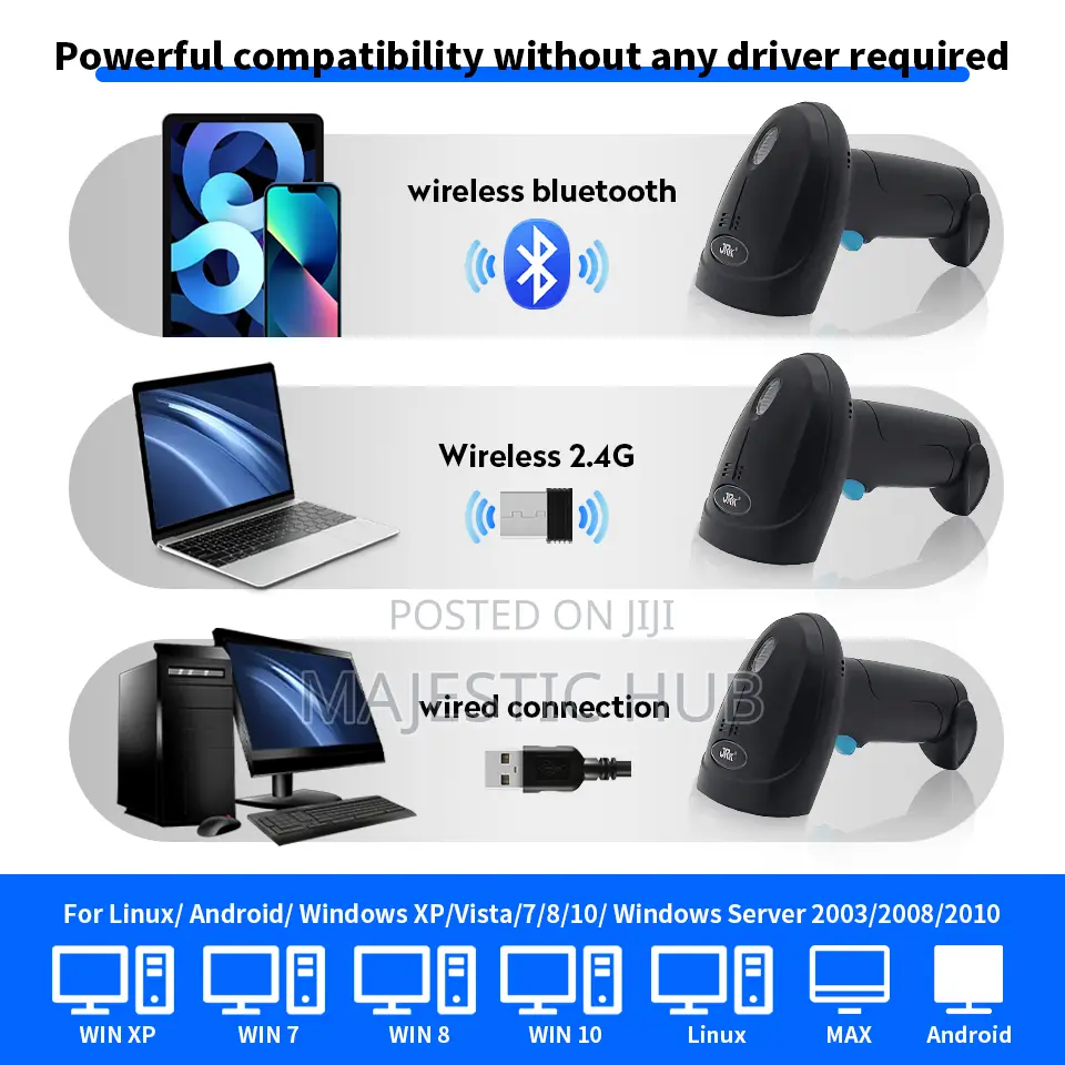 JRK Wireless Barcode Scanner Bluetooth + 2.4G, 2000mAh Battery