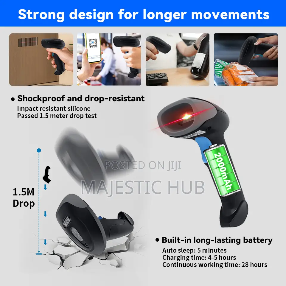 JRK Wireless Barcode Scanner Bluetooth + 2.4G, 2000mAh Battery