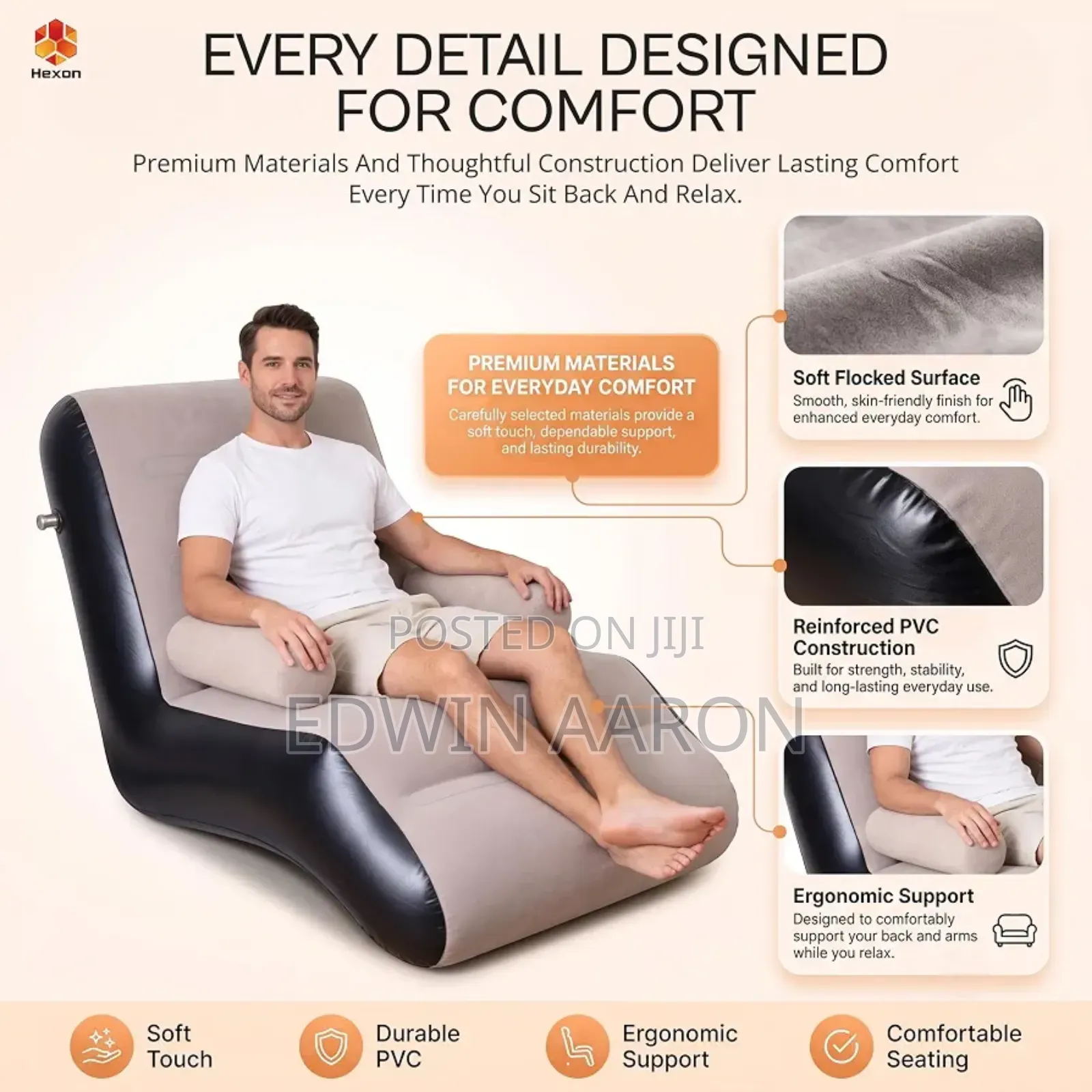 Hexon Inflatable Sofa Chair, PVC Flocking Lazy Recliner Air Sofa