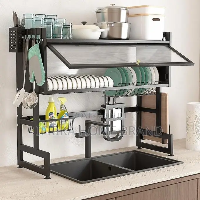 Multi-Tiered Over-the-Sink Dish Drying Rack With Transparent Doors