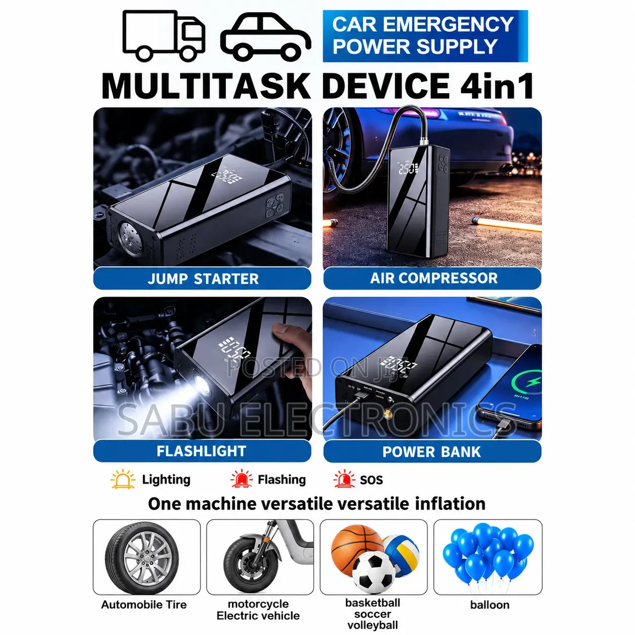 4in1 12V Car Jump Starter + Air Compressor, Power Bank +LED Flashlight