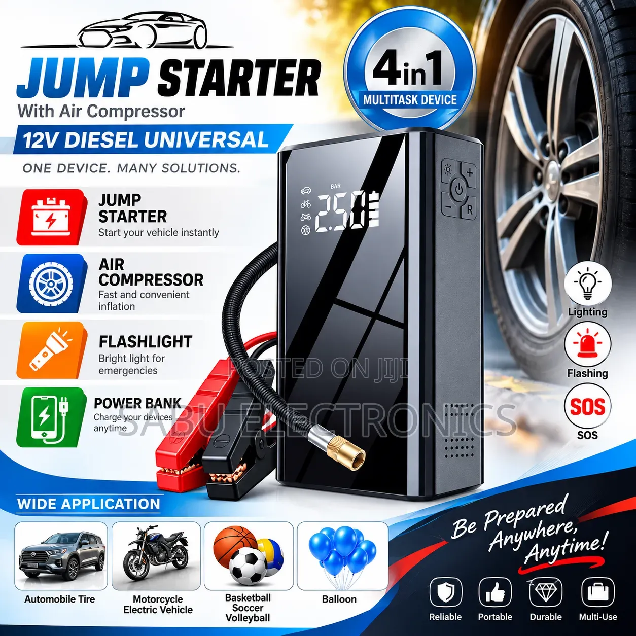 4in1 12V Car Jump Starter + Air Compressor, Power Bank +LED Flashlight
