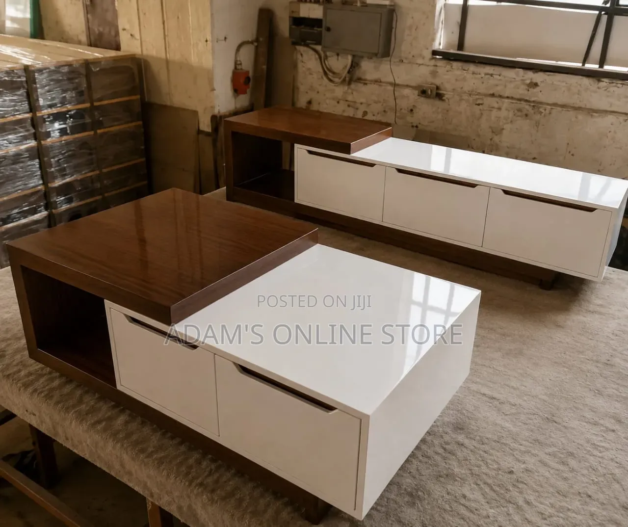 Brown TV Stand Unit and White Center Table for Sale