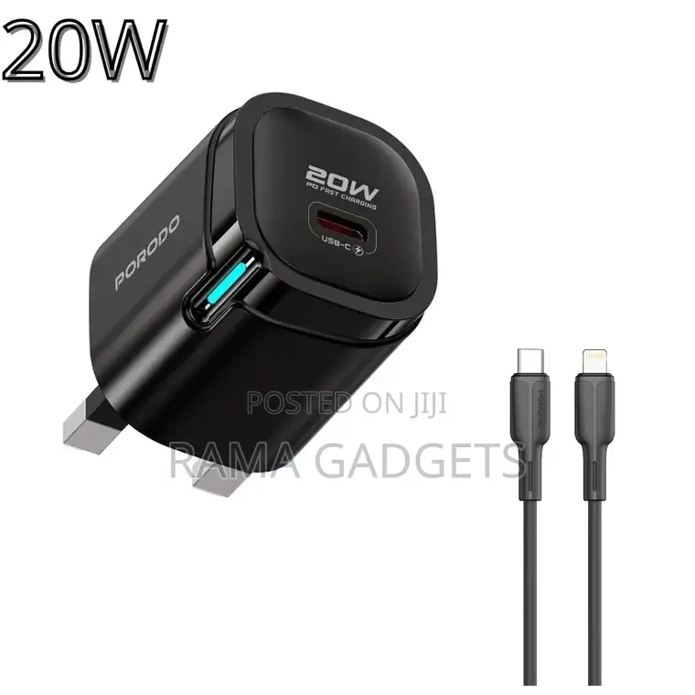 Porodo PD 20W Fast Charging Adapter With USB-C and Lightning Cable