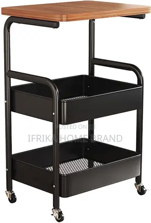 3-Tier Rolling Table Set, Wooden Tabletop, Metal Mesh Baskets