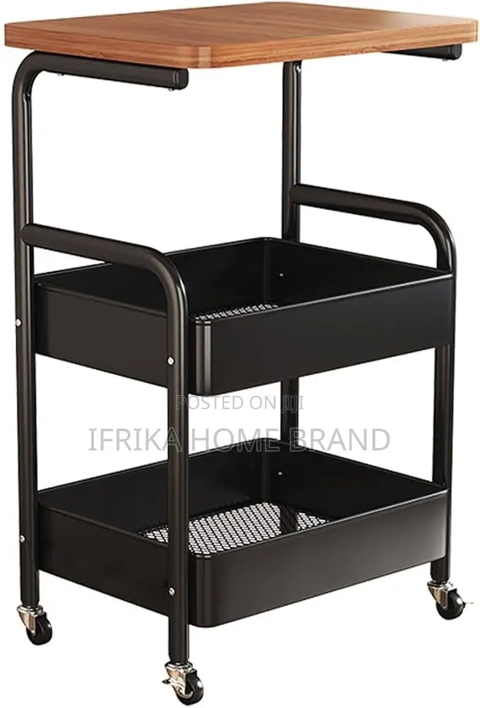 3-Tier Rolling Table Set, Wooden Tabletop, Metal Mesh Baskets
