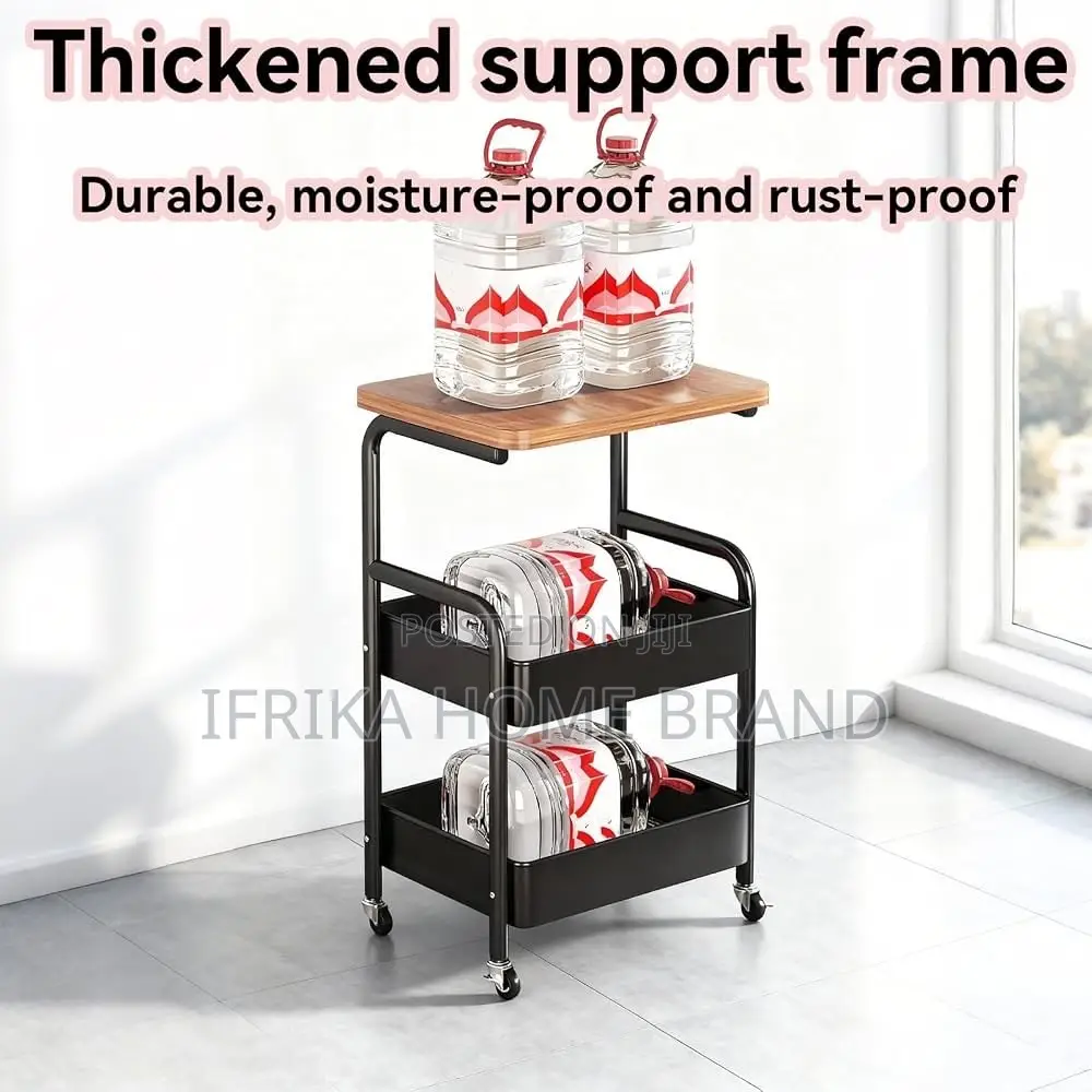 3-Tier Rolling Table Set, Wooden Tabletop, Metal Mesh Baskets