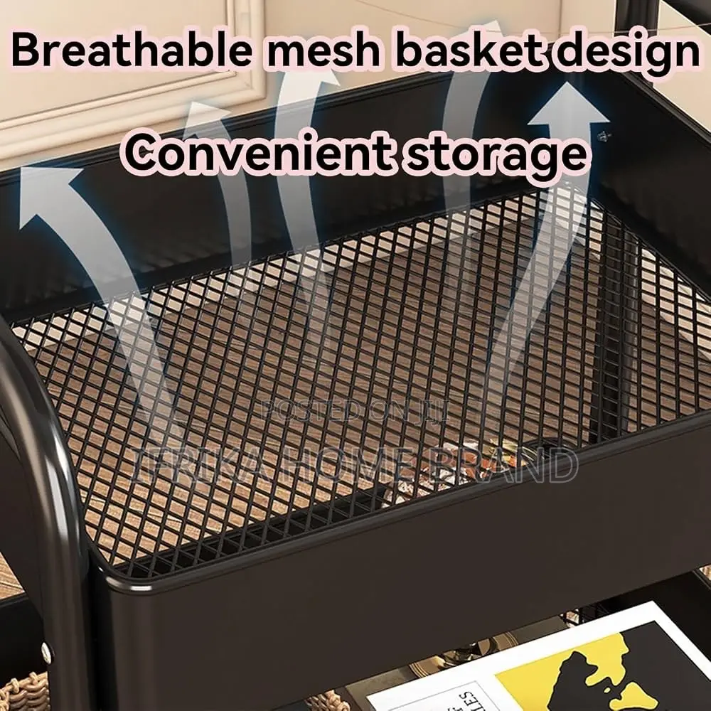 3-Tier Rolling Table Set, Wooden Tabletop, Metal Mesh Baskets