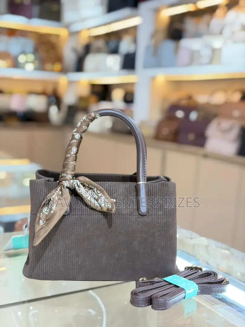 Elegant Textured Corduroy Shoulder Bag With Decorative Scarf Accent