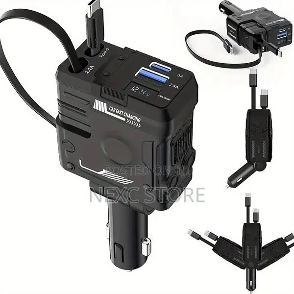 120W Super Fast Car Charger – 4-in-1 Retractable Cable Adapter
