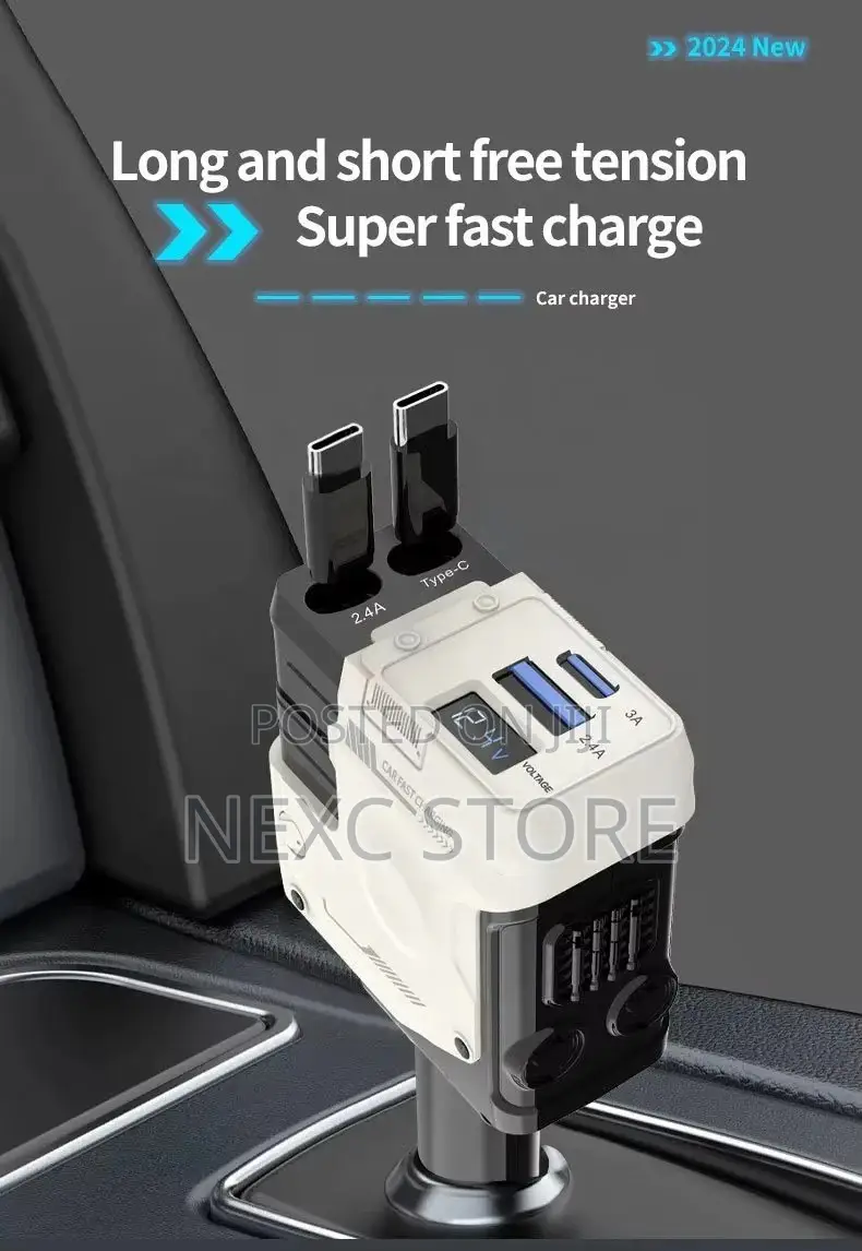 120W Super Fast Car Charger – 4-in-1 Retractable Cable Adapter