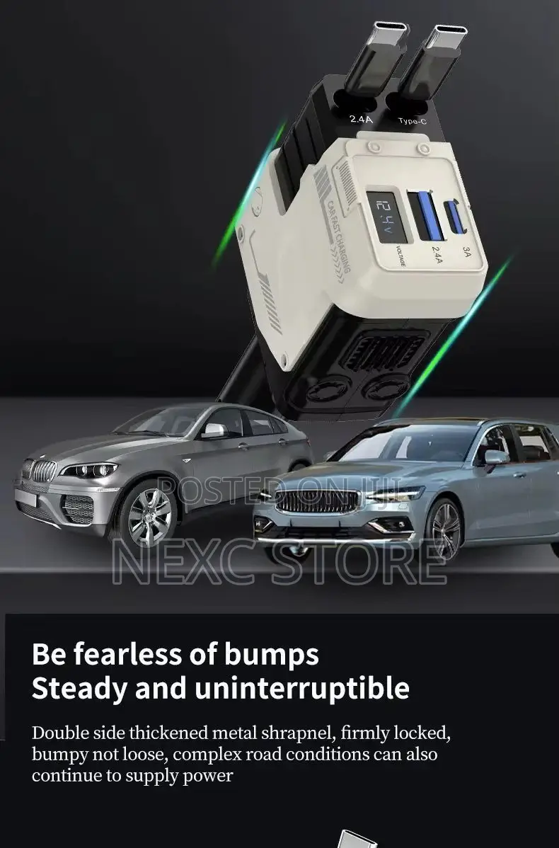 120W Super Fast Car Charger – 4-in-1 Retractable Cable Adapter